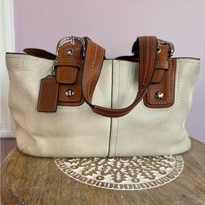 Coach Leather Shoulder Tote – Cream & Tan – Classic Buckle Detail